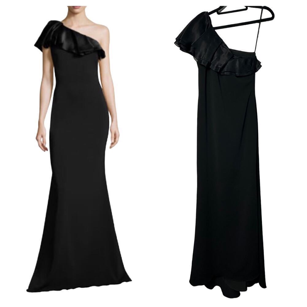 Badgley Mischka Black Dress Formal Maxi One Shoulder Silk Ruffle Minimalist 2